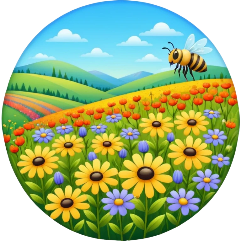 colorful field with wildflowers and a bee, bright and rounded emoji