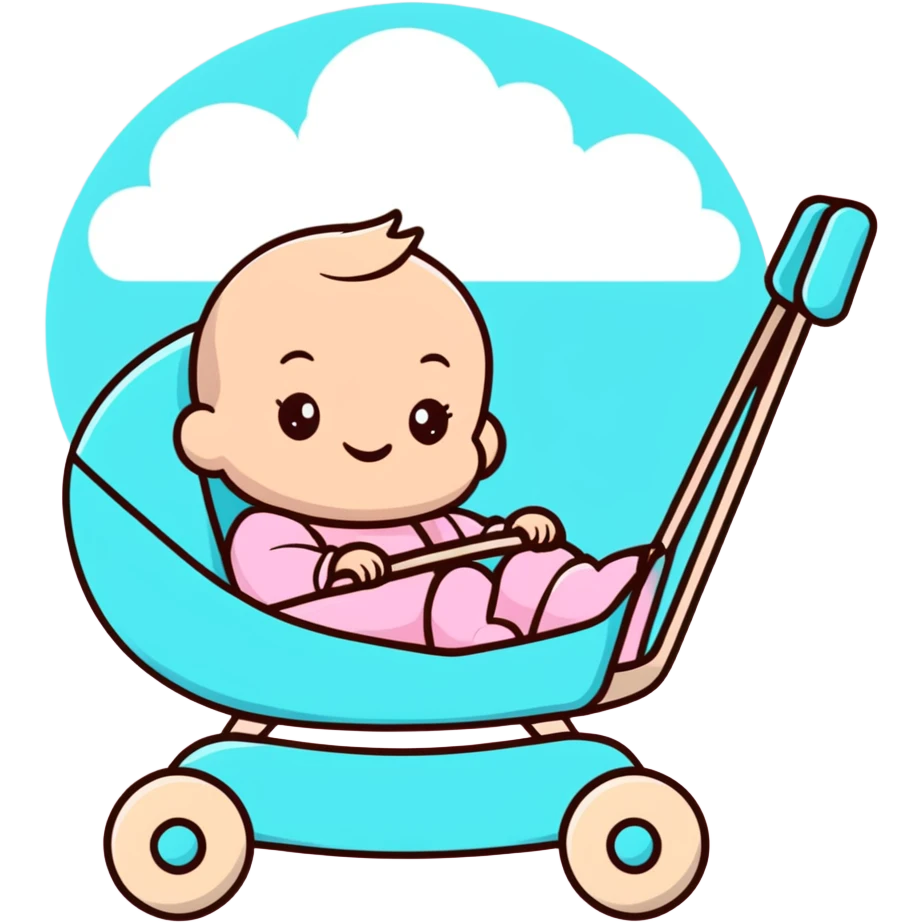 happy baby sitting in pink and beige stroller with pastel blue clouds decoration emoji