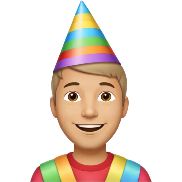 Adult man, short hair, rainbow birthday party hat, cheerful expression emoji