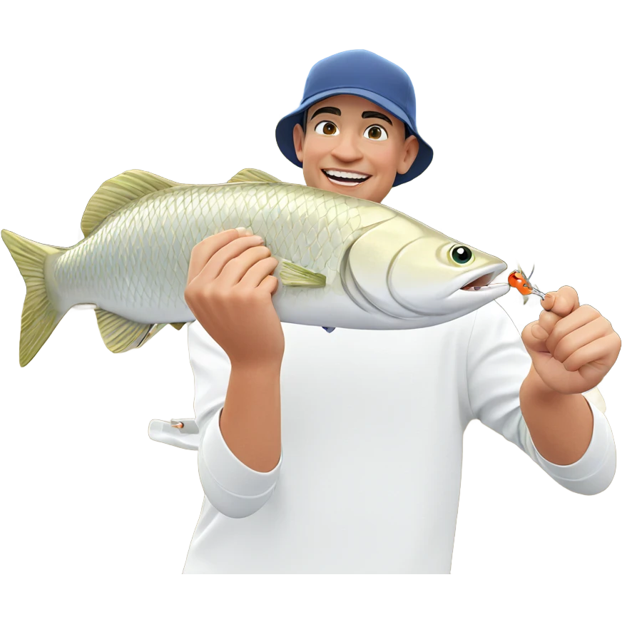 boy smiling with fish outdoors emoji