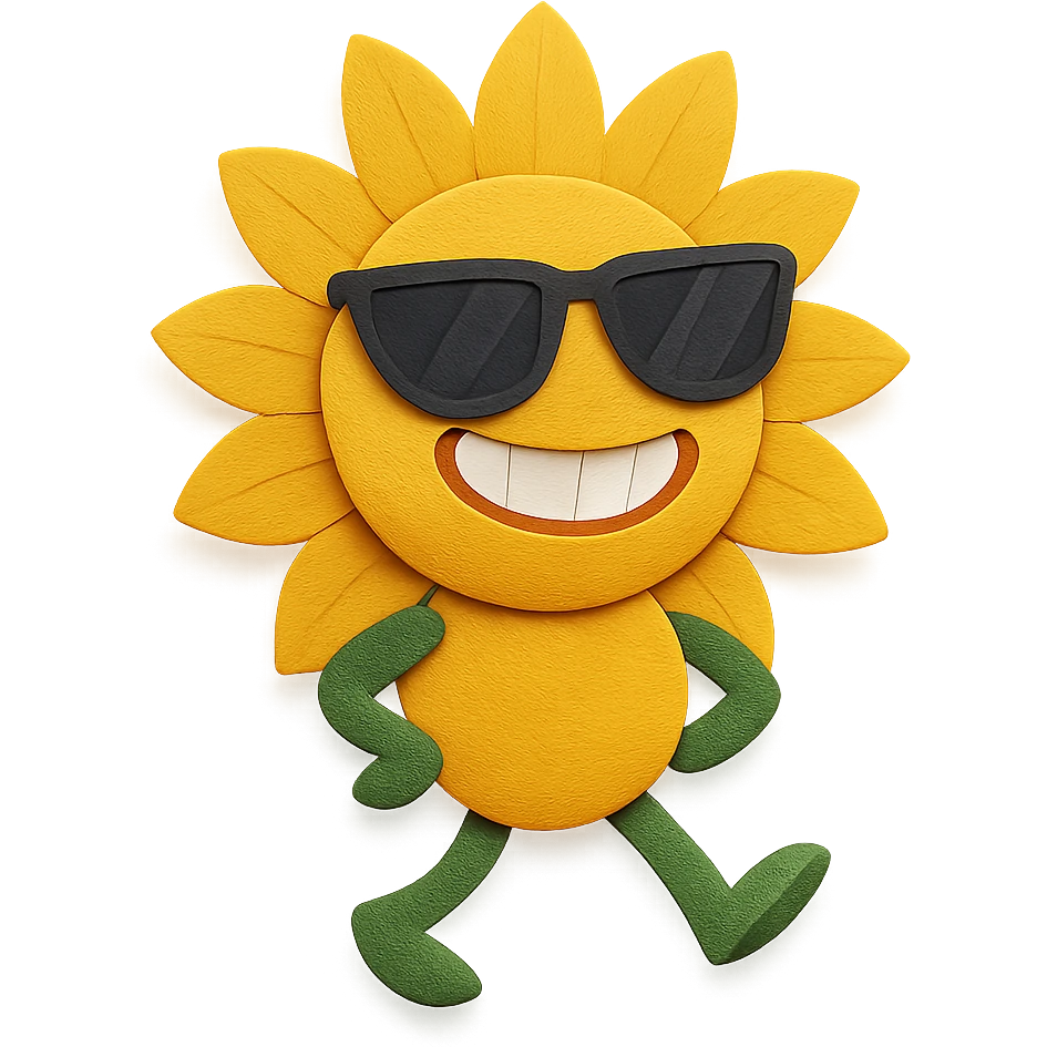 bright pastel yellow sunflower with large sunglasses, grinning proudly while strutting, round body, exaggerated confident face, paper-craft style emoji