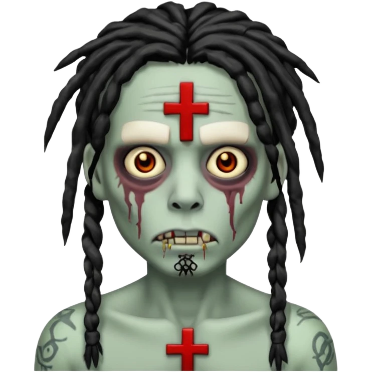 Zombie with black dreads with chinky eyes and a cross tattoo on right cheek emoji