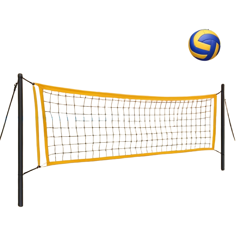 A volleyball net with a ball hovering above it, set against the backdrop of a sandy volleyball court. The scene highlights the tension of an impending play, with the court lines clearly visible and a bright, sunny atmosphere surrounding the action. emoji