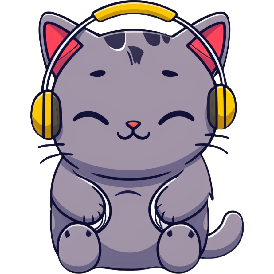 tired sad cat with a gun and headphones, cartoon sticker emoji