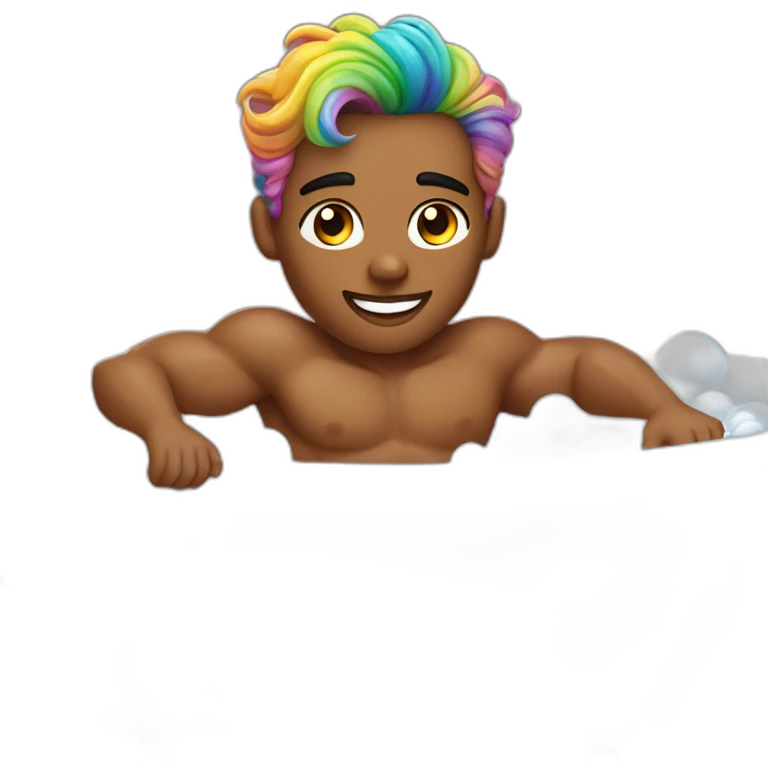 Posh-muscle-boy-with-pearl-necklace-and-rainbow-unicorn-hair-in-golden-bathtub emoji