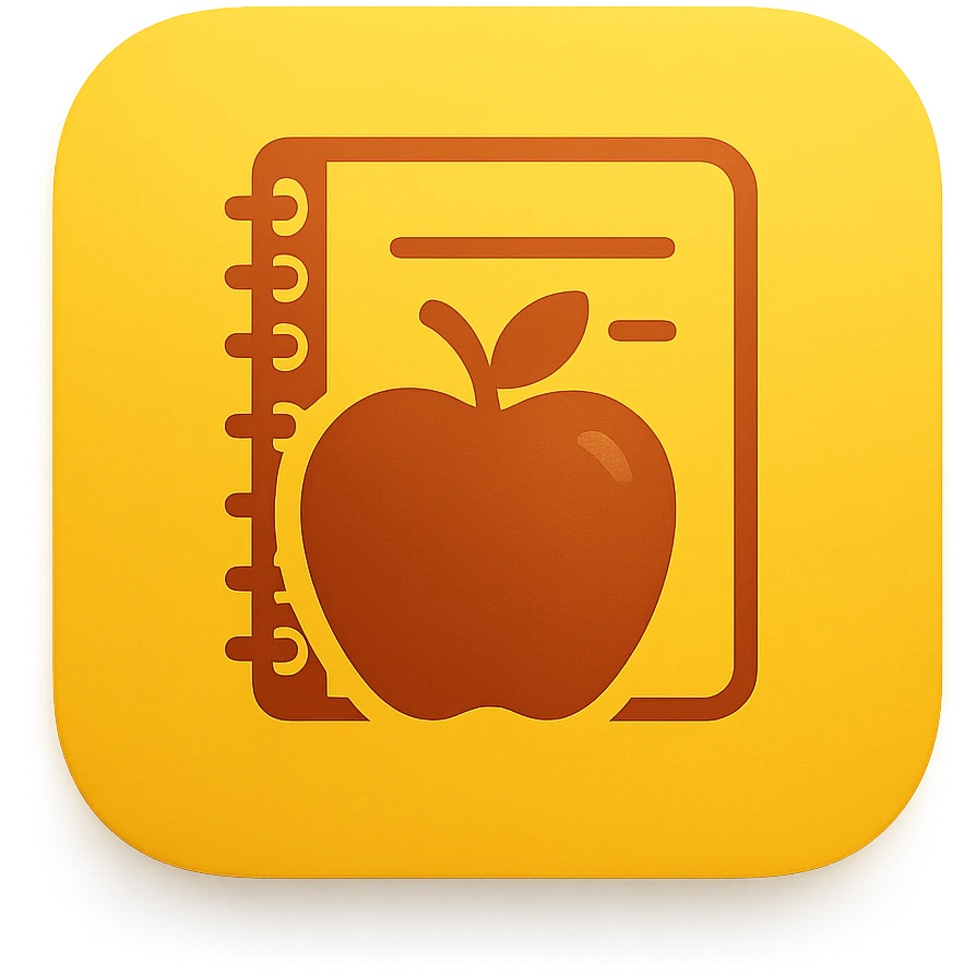iOS app icon style for folder 'School': square with strongly rounded corners, yellow color gradient, symbol of an apple and notebook in the center, modern look emoji