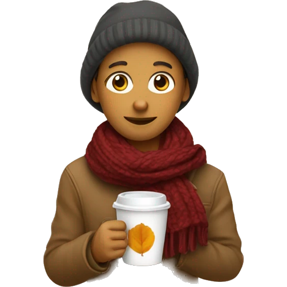 🥹 with scarf holding coffee and fall leaf emoji