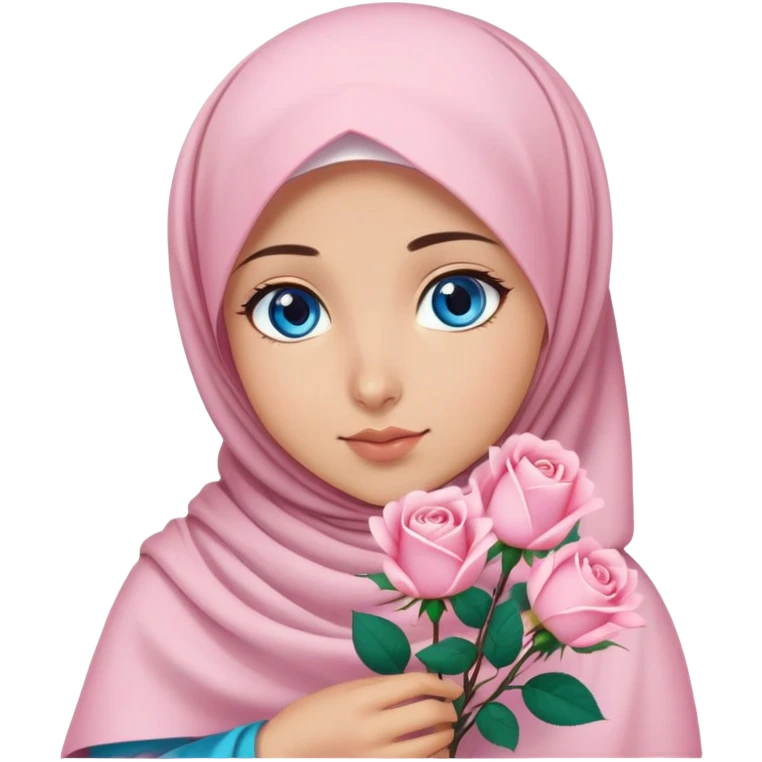 Turkish beautiful finish Konya girl blue eyes with sakura hijab islamic dress and had on her hand light pink roses emoji