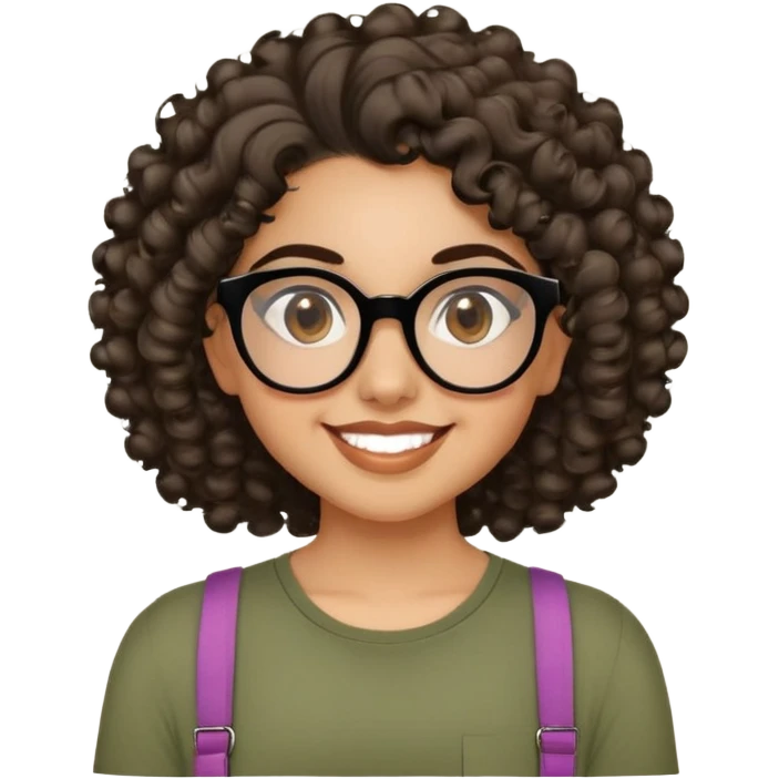 Young Latina with light brown skin. Cheerful round face. Brown eyes behind black glasses. Thick natural eyebrows. Curly hair reaching shoulders, voluminous with defined curls. Big smile showing dimples. Wearing olive green shirt with wide straps. emoji