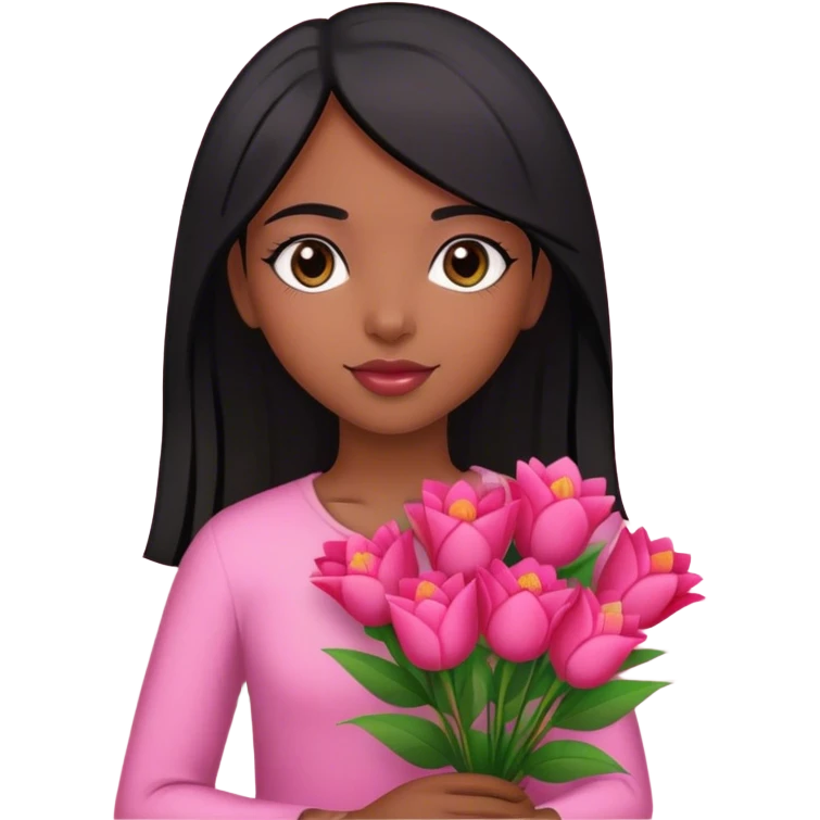 Brazilian girl straight hair with pink and red bouquet of flowers emoji