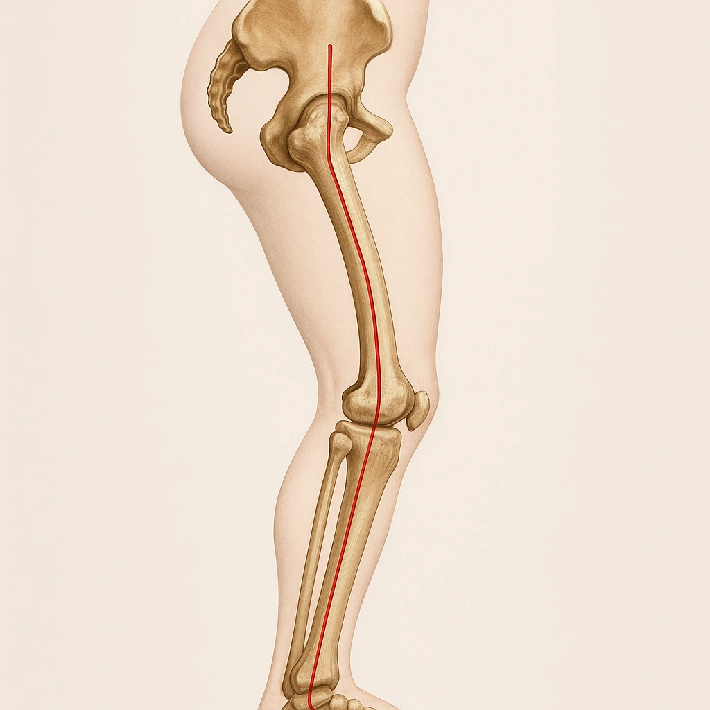 Hyperrealistic anatomical illustration 4K, rear view, 1:1 proportion, varus knee seen from the side, pelvis bones, femur, tibia, and fibula clearly highlighted, red mechanical axis line, realistic details, medical style, neutral background. emoji