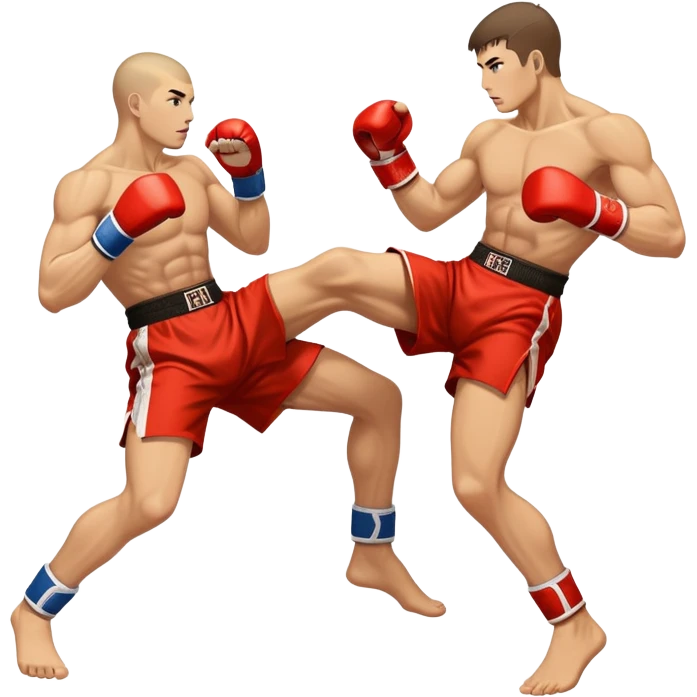 An icon showcasing a kickboxer in action, using precise techniques with both feet and elbows. One fighter delivers a powerful kick to the opponent's legs, while the other counters with an elbow strike. The background features a ring and a dynamic atmosphere. Transparent background  emoji