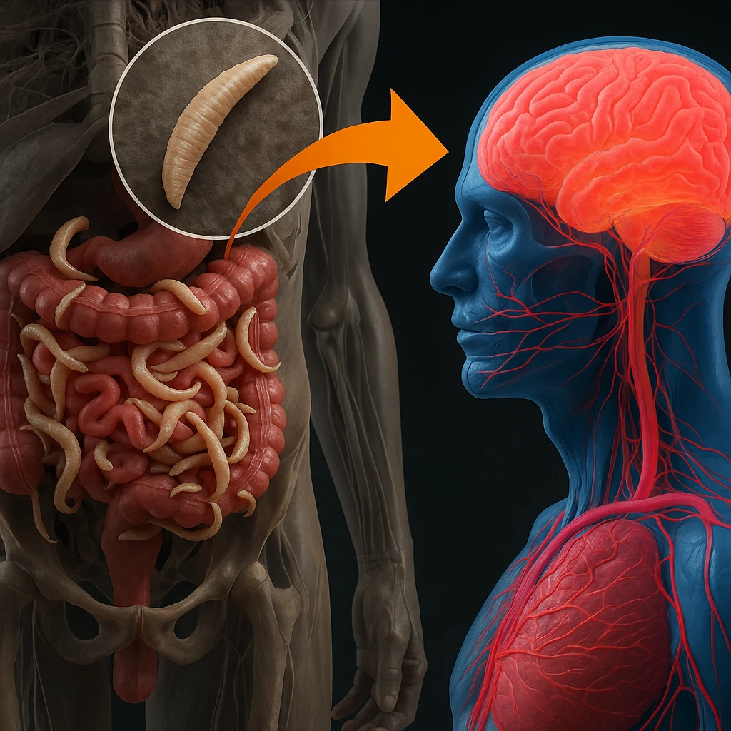 Hyperrealistic 4K anatomical section of human body with intestine infested by parasites. Enlarged detailed view of a parasite. Clinical atmosphere with an arrow connecting the intestine and brain, referencing diseases and tumors. emoji