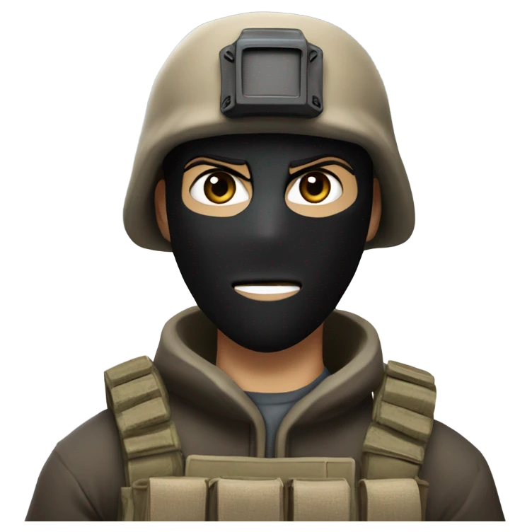 White male, call of duty black mask, camo tactical gear, tan combat boots, black beanie, blue eyes emoji