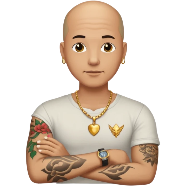 a bald man wearing necklace, having tattoo emoji
