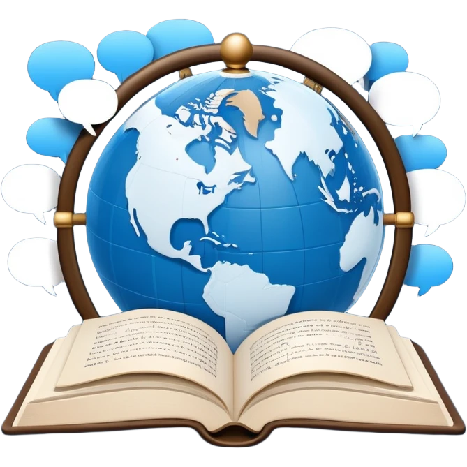 An icon showing a globe surrounded by speech bubbles with greetings in different languages, like 'Hello,' 'Hola,' and 'Bonjour.' The design includes an open book and a quill, symbolizing learning and communication. Transparent background emphasizes global connection through language. emoji