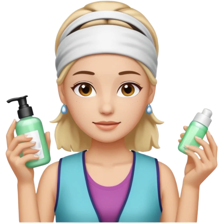 Clean girl aesthetic emoticons, apply skincare products, headband, glowing skin, vest, soft lighting
 emoji