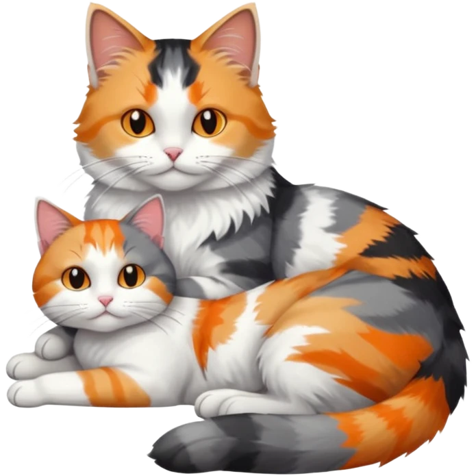 full body colourful light patched calico + white tabby cat cuddling a grey and white cat  emoji