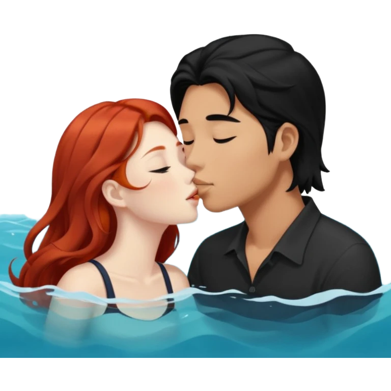 long black haired asian guy kiss redhead girl in ocean emoji