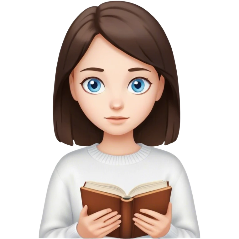 brunette girl with blue eyes in a white sweater reading a book in her hands emoji