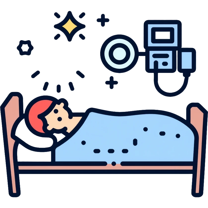 Sleep laboratory icon with bed, brain wave monitor, and sleep measurement equipment emoji