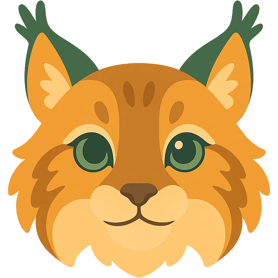 A cute and soft lynx face with big, expressive eyes, designed in a warm and magical color palette: golden orange (FA9B41), forest green (4A7C5C), muted taupe brown (96775A), and pastel peach (FFCC9A). The lynx’s fur is fluffy and soft, with a mix of warm browns and golden highlights. Its ears are tipped with tufts of fur in greenish tones, and its cheeks are gently rounded with subtle peach accents. The eyes are bright and curious, surrounded by soft fur in the warm color palette. The overall look is adorable, serene, and enchanting, evoking a gentle, woodland atmosphere. emoji