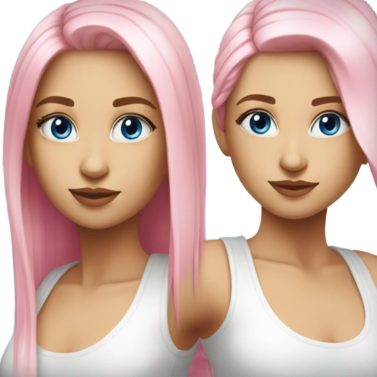 beautiful woman, long straight blonde hair, blue eyes, white tank top, pink hair highlights  emoji