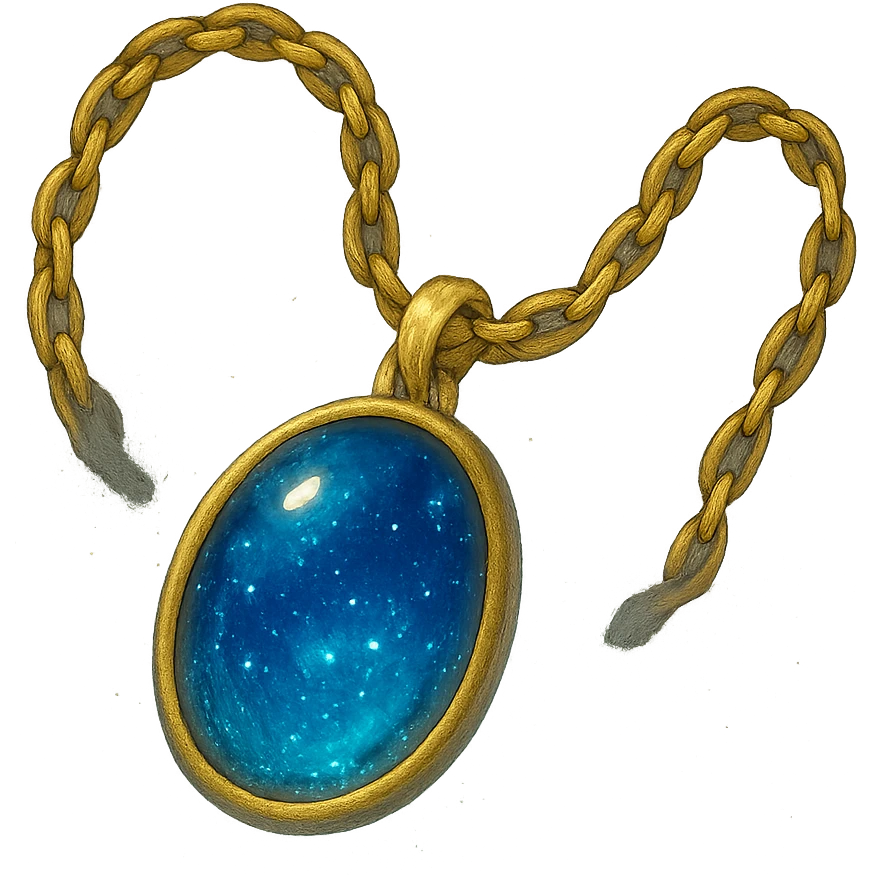 gold chain floating in midair with a deep blue starry stone, glowing faintly, shimmering like liquid gold, mystical aura emoji