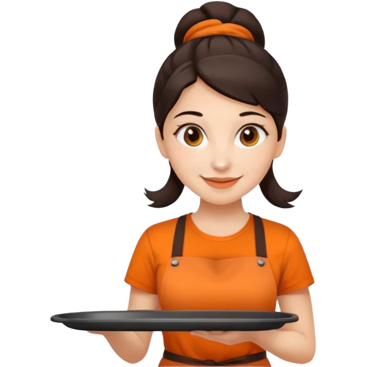 Create an iOS-emoji-style illustration of a cheerful female barista with bright fair skin and dark hair tied back. She wears an orange barista T-shirt and holds a brown serving tray. Style should be soft, rounded, and minimal like Apple emoji. emoji