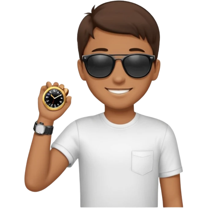 Un niño con pelo lacio color castaño,con lentes de sol negros y un reloj en la mano emoji