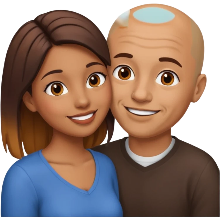 smiling brown girl with two-tone hair kissing brown bald man emoji