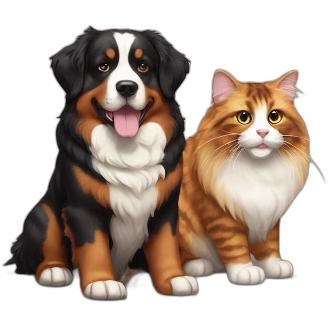 A Bernese dog next to A tortoiseshell cat without white emoji