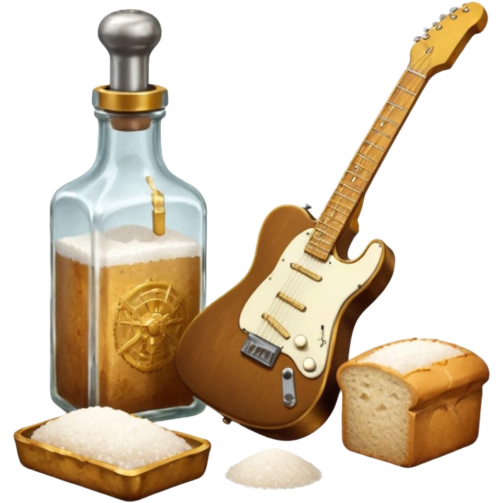 solarpunk ultra HD steampunk victorian - a bottle of salt (salt shaker) and a loaf of peasant bread with a small electric telecaster guitar - still life composition emoji
