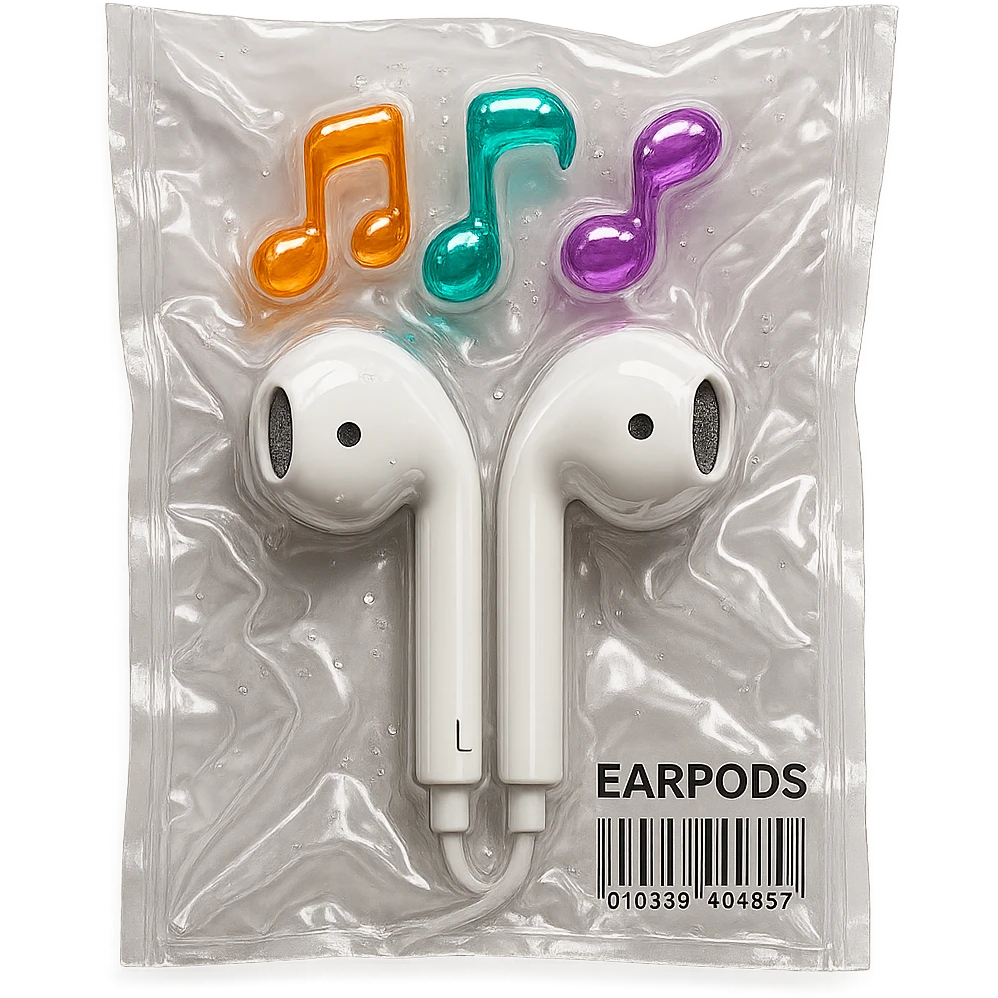 pair of white EarPods with three colorful transparent music notes in orange, teal, and violet arranged above, shiny and puffy emoji