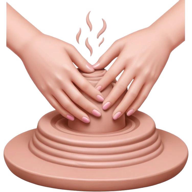 hands performing palm hug gesture on a pink mound of clay on a silver pottery wheel, gently hugging the clay to maintain moisture emoji