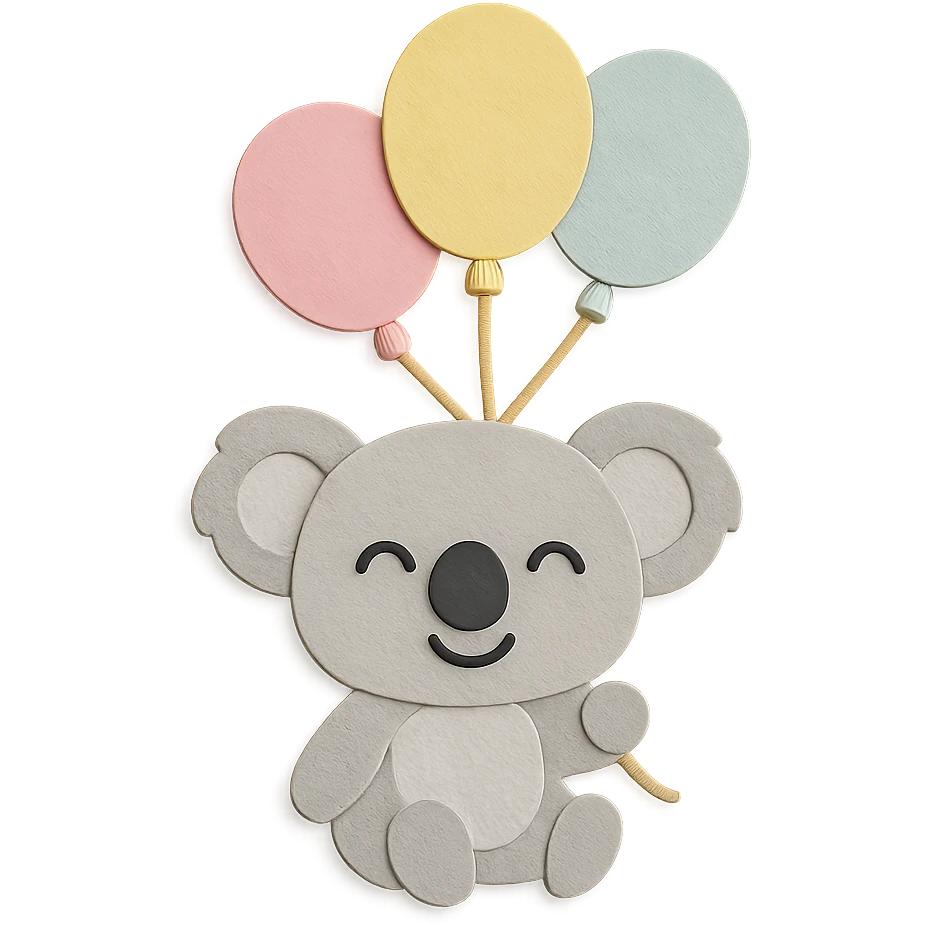 koala floating with pastel balloons, happy face, paper-craft style emoji