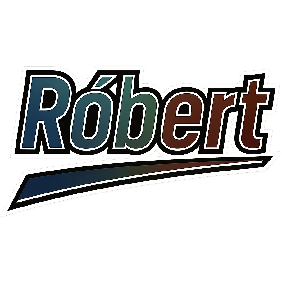 Text image of the name 'Róbert' in a masculine, modern, gradient font with precise Hungarian characters, dark contour, extra thick, prominent white border as in sample images, dynamic slanted underline, masculine color shades (blue, gray, burgundy, green, brown), 1000x1000 px, PNG, transparent background. emoji