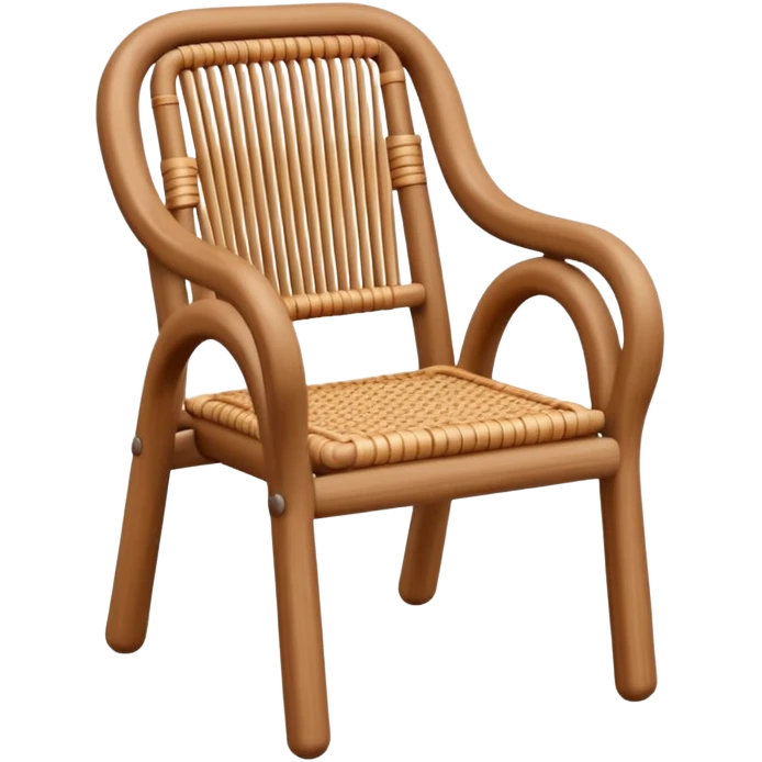 A 3D cartoon wooden chair with woven rattan seat, clean composition, bright background, Memoji-style rendering. emoji