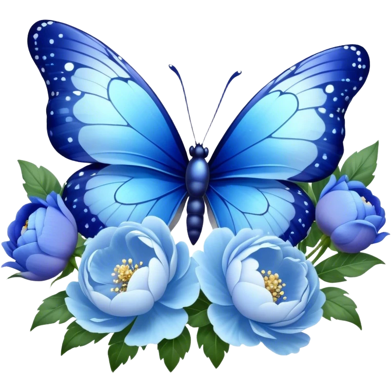 A mesmerizing butterfly with sapphire blue and icy blue wings, delicately speckled with silver, gracefully resting on a lush bouquet of pastel blue peonies and deep blue pansies, their velvety petals glistening with morning dew. emoji