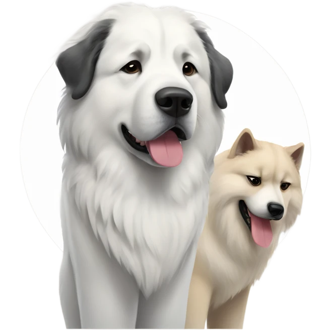 Great Pyrenees and big dark Akita standing next to each other emoji