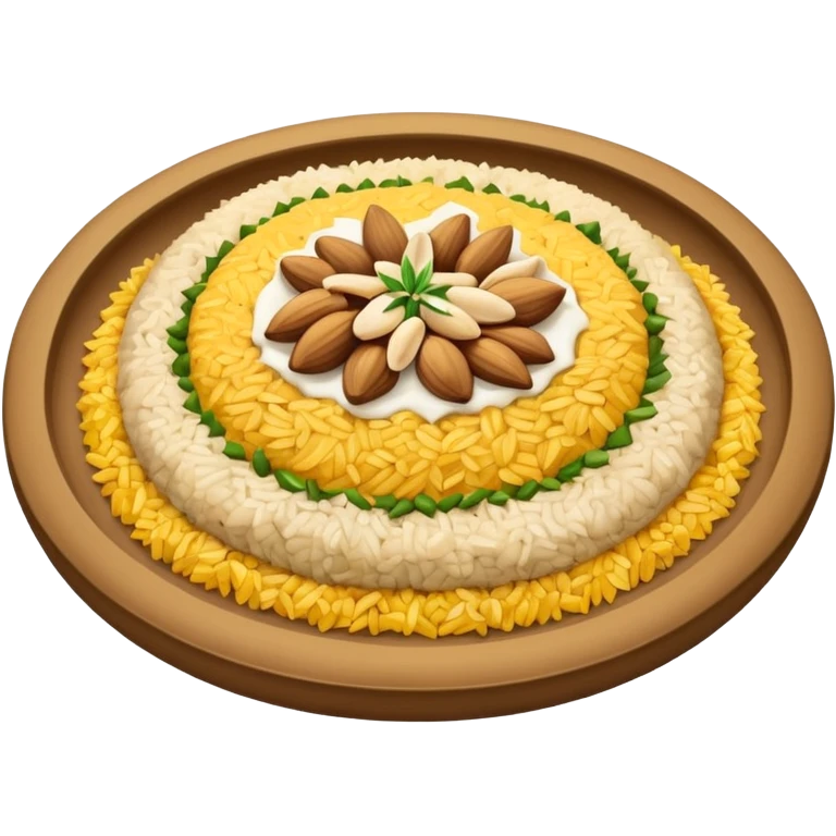 "Emoji of a Jordanian Mansaf dish — round platter with golden rice, lamb pieces, nuts on top, simple cute cartoon style, clean lines, white or transparent background." emoji