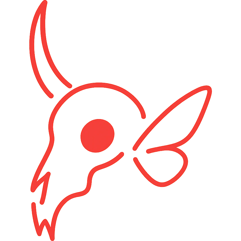 utmost minimal horror: extremely sparse red line art of minotaur-stoat skull with just 5-6 thin lines total suggesting broken horn, single eye, and hint of moth wings, almost entirely transparent/hollow, 95% empty space, severely incomplete outlines, absolute minimum red lines needed to barely suggest the horror creature emoji