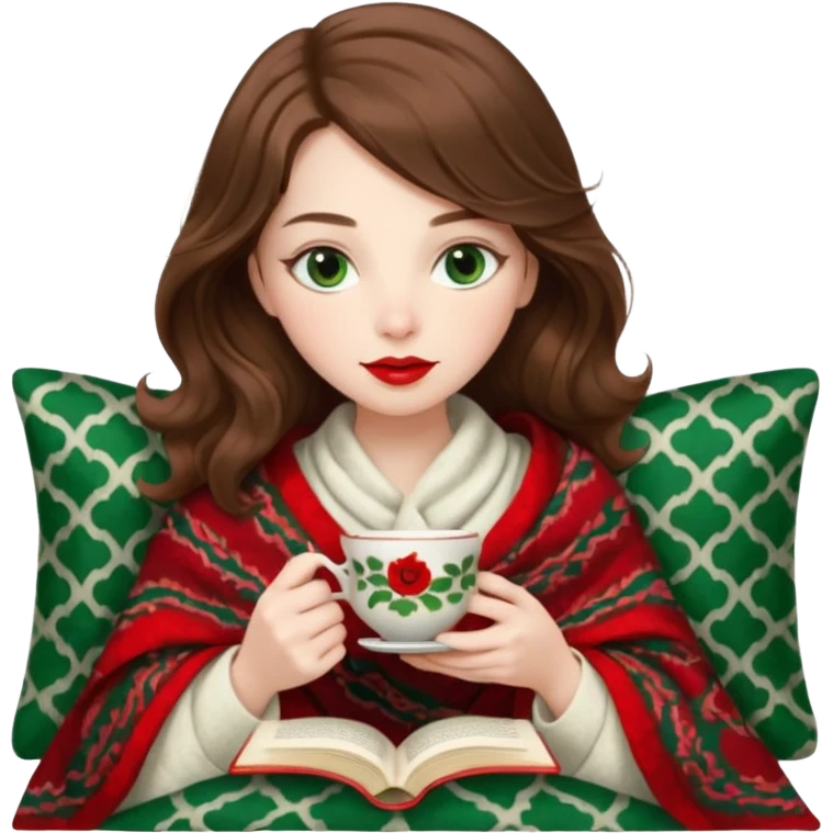 Long wavy brown haired, white skinned, dark green eyed girl with red lipstick wrapped in a blanket, sipping tea and reading a book emoji