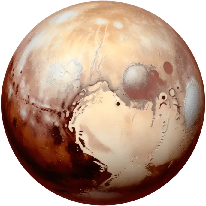 Pluto as a planet emoji, apple emoji style, mix of reddish-brown, white, and gray hues, large bright icy region like Sputnik Planitia, contrasting darker red-toned areas rich in tholins, simple and round, no text emoji