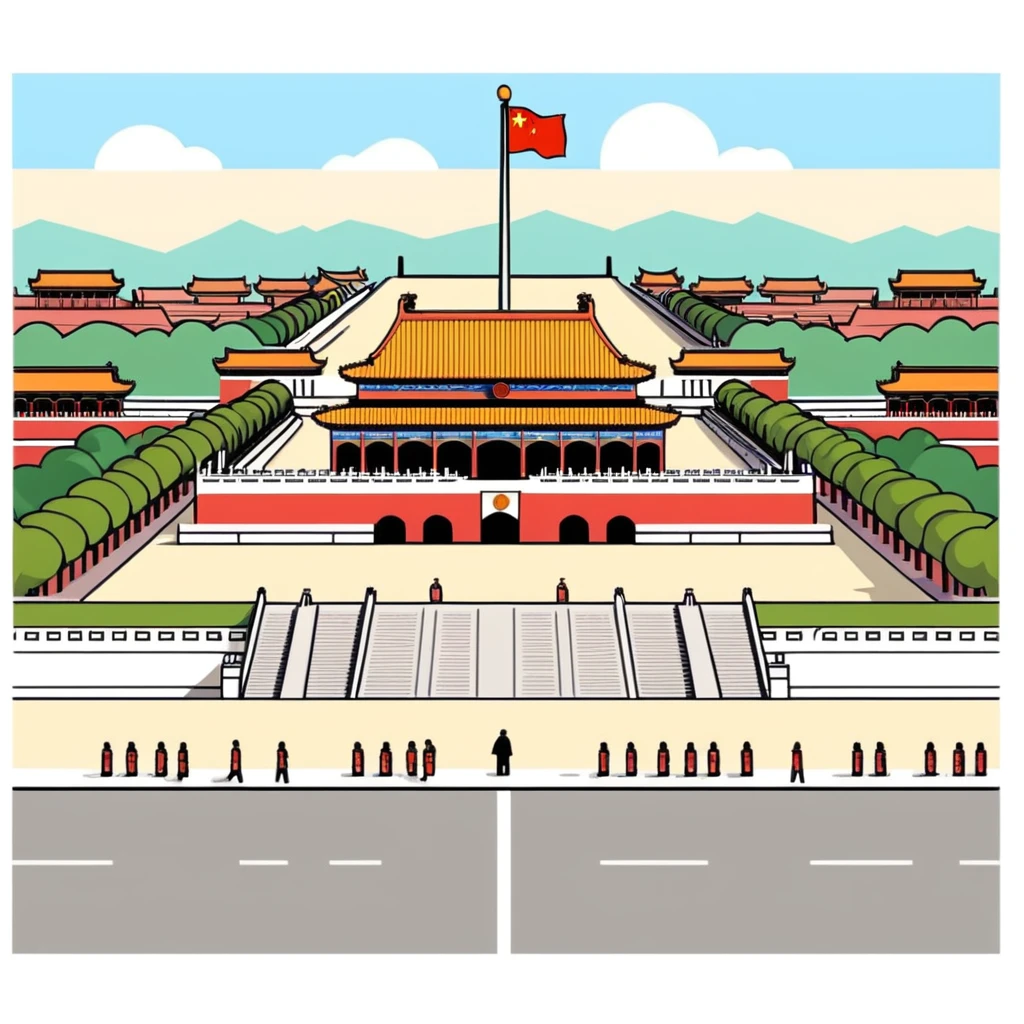 Tiananmen Square, Beijing, Chinese architecture, sunny day, travel illustration emoji
