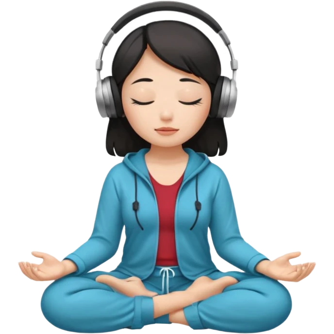 An East Asian woman🧘🏻‍♀️ is sitting cross-legged in a meditation pose, wearing Apple headphones🎧 and listening to music. The song is so beautiful that she has her eyes closed and tears streaming down her face. emoji