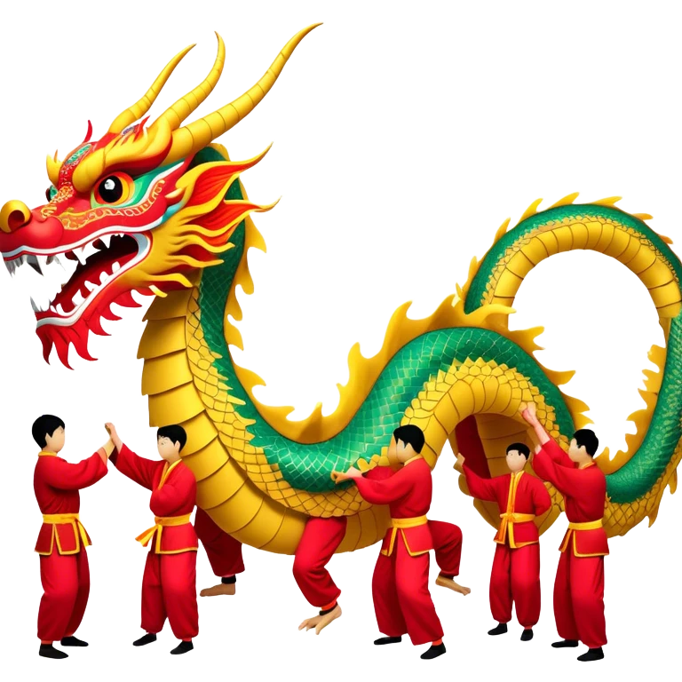 Cinematic Realistic scene of a traditional Chinese Dragon Dance featuring a team of performers skillfully manipulating a colossal, flexible dragon puppet, its intricately detailed, vibrant scales and flowing, embroidered fabric catching the light, set against a festive backdrop of red lanterns and dynamic red-tinged lighting that accentuates the majestic presence of the dragon puppet. emoji