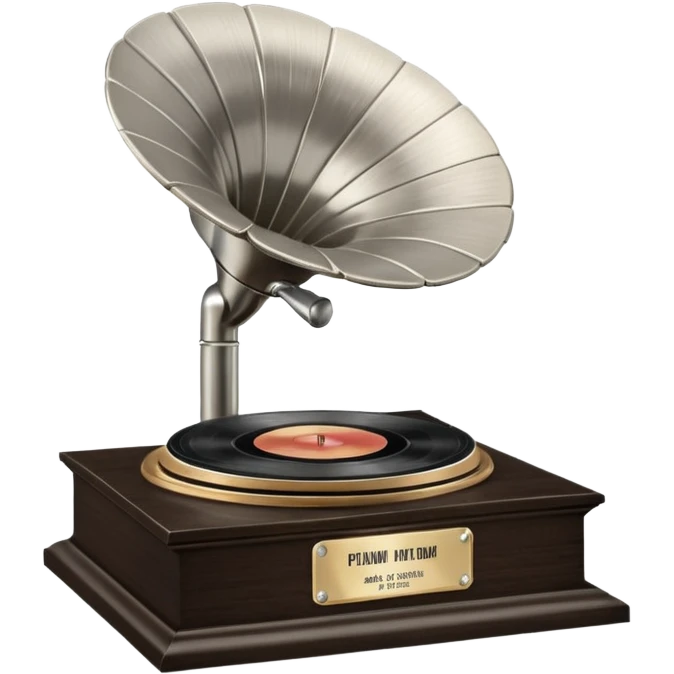 A platinum music award plaque: a square, polished platinum plate with a subtly textured, mirror-like finish, mounted on a simple dark wood base. The center features a relief of a vintage gramophone or stylized vinyl record in a slightly darker metallic tone.  emoji