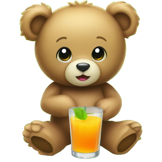 A Teddy bear holding a glass of juice sitting on a patch of green grass emoji