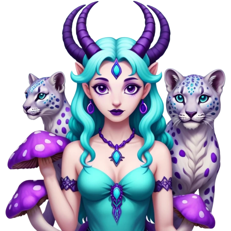 Feminine Scorpio Baphomet standing among trippy purple and teal mushrooms.. she’s petting a snow leopard  emoji